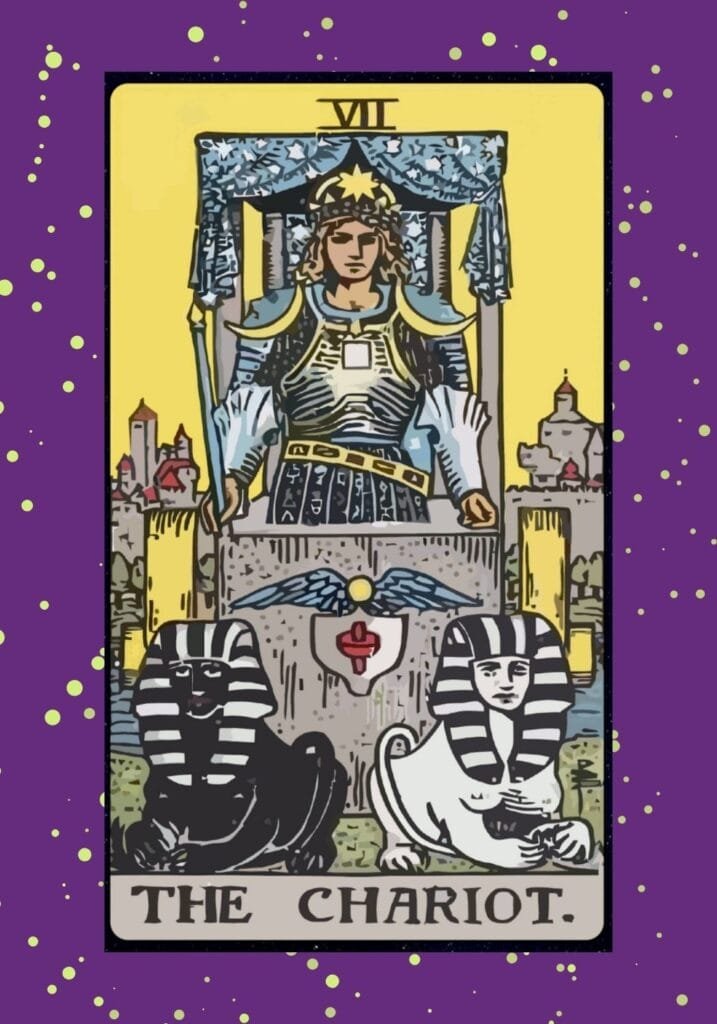 Rider-Waite Chariot tarot card upright – a determined figure standing in a chariot with black and white sphinxes, symbolizing success, focus, and forward momentum.