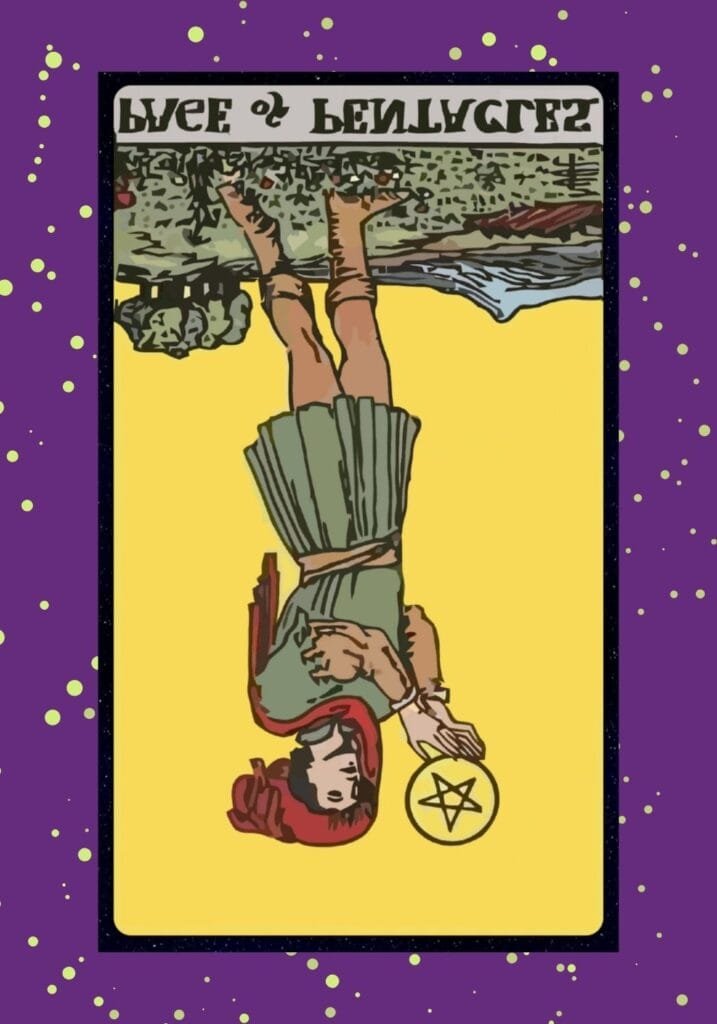 The reversed Page of Pentacles suggests immaturity, wasted potential, or missed opportunities due to inaction or lack of clear goals.