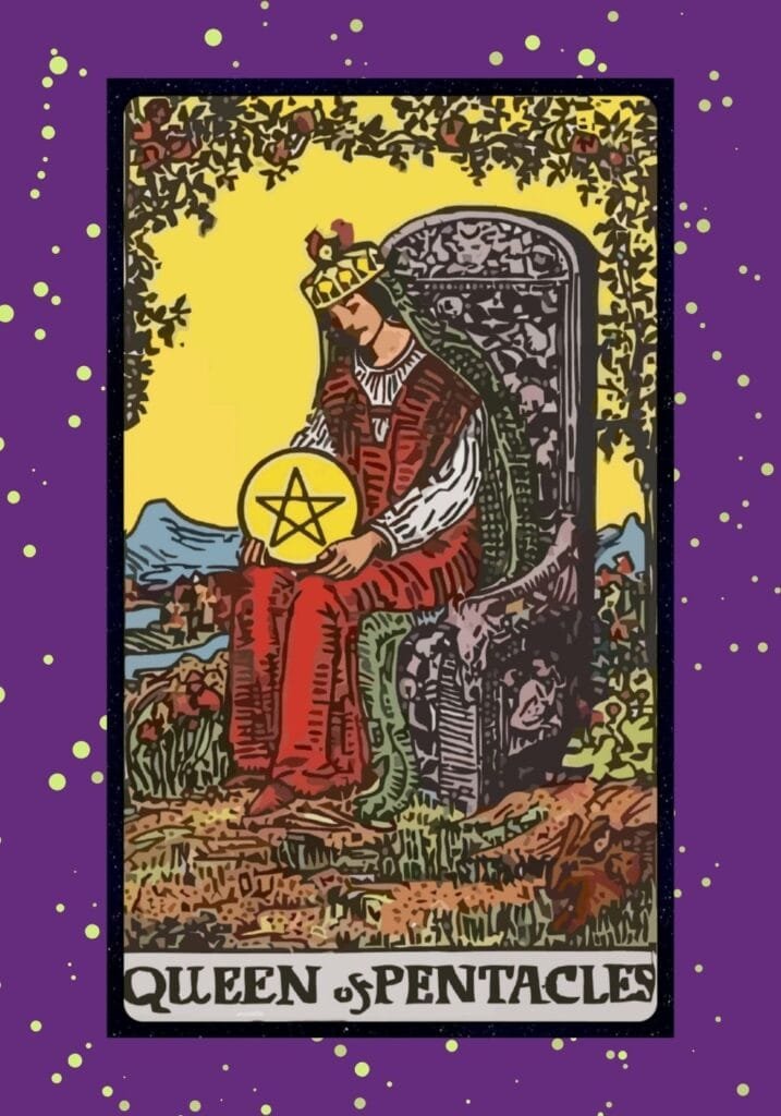 The Queen of Pentacles sits on a decorated throne, surrounded by lush greenery and a golden pentacle in hand, embodying nurturing, abundance, and grounded energy.