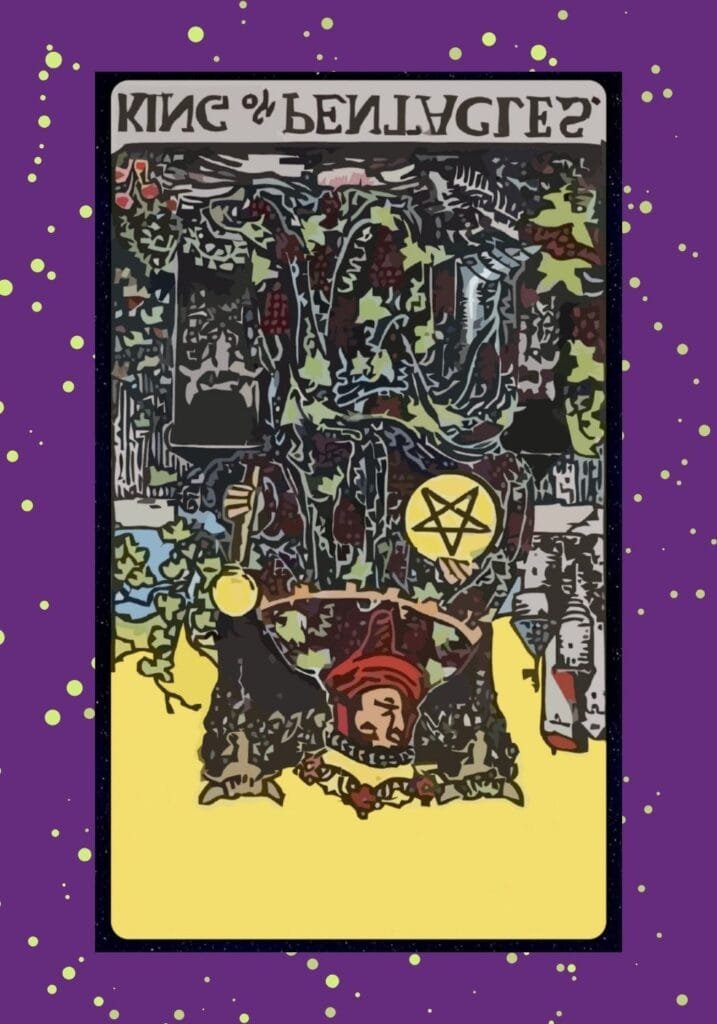 The reversed King of Pentacles warns of financial instability, materialism, or a misuse of power and control.