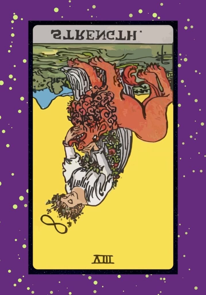 Reversed Strength tarot card – symbolizing self-doubt, emotional fatigue, and lack of confidence with subdued lion and fragile energy.