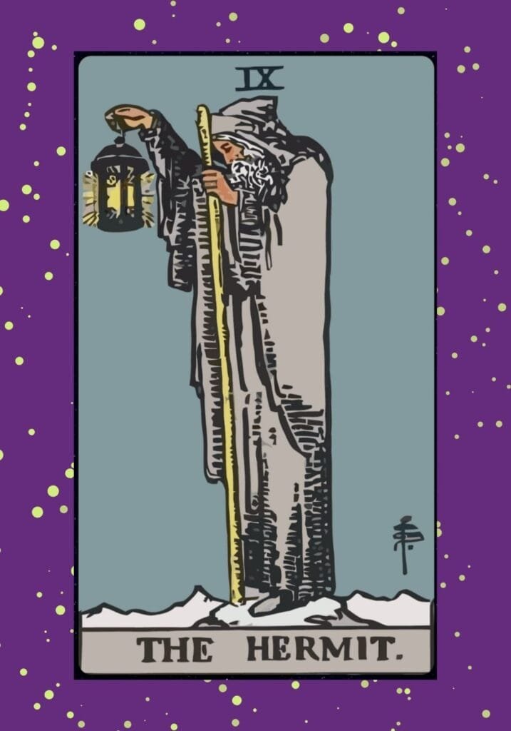 Upright Hermit tarot card – a solitary figure on a mountaintop holding a lantern and staff, symbolizing spiritual guidance, introspection, and wisdom.