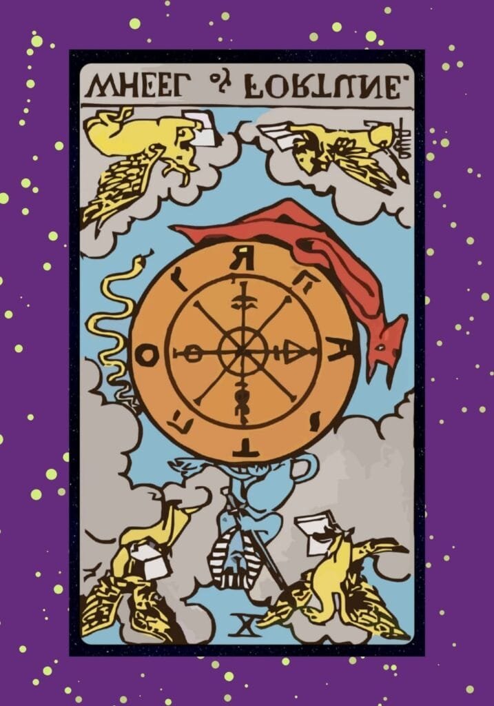 Reversed Wheel of Fortune tarot card – representing setbacks, resistance to change, lack of control, and challenging life transitions.