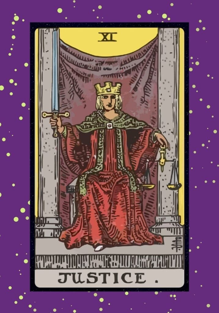 Justice tarot card upright – featuring a woman holding balanced scales and a double-edged sword, symbolizing fairness, truth, and karmic justice.