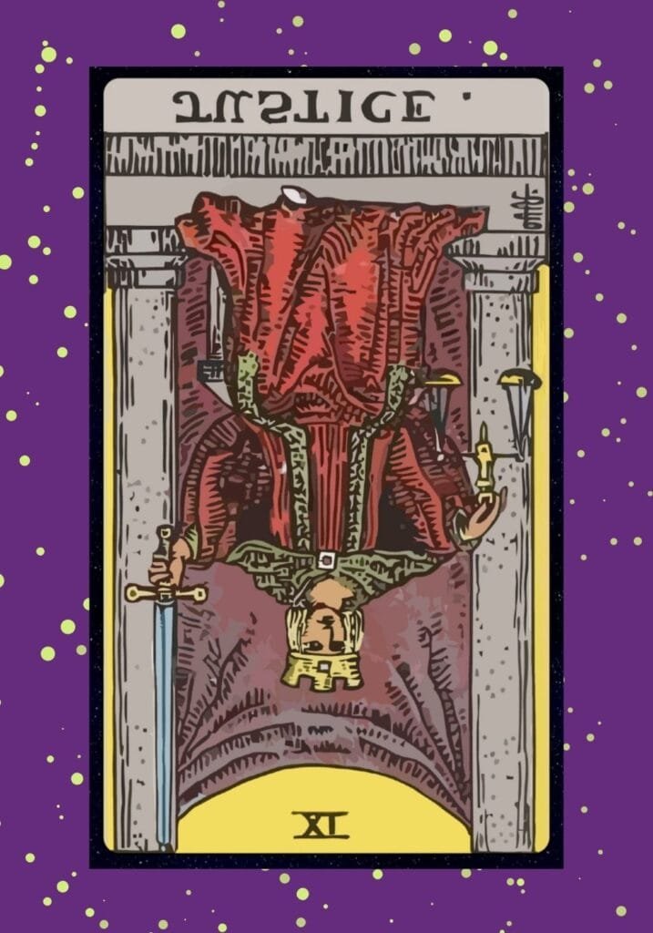 Reversed Justice tarot card – symbolizing imbalance, dishonesty, unfair treatment, and the consequences of unethical actions.