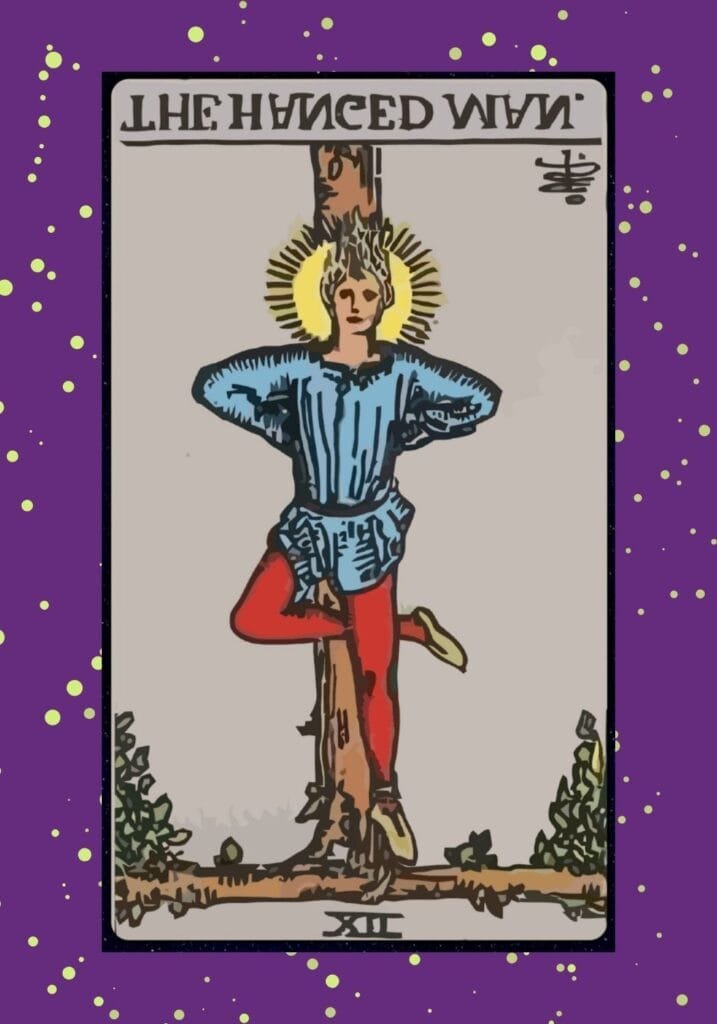 Reversed Hanged Man tarot card – representing stagnation, resistance to change, and fear of letting go.