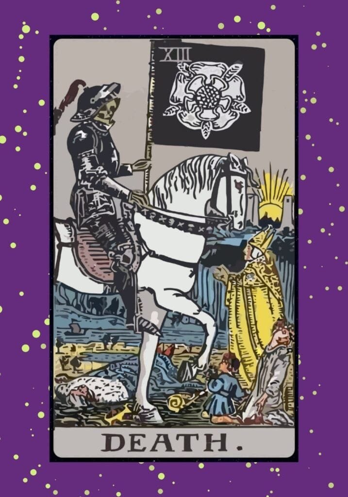 Death tarot card upright – a skeletal figure riding a white horse with a black flag, symbolizing inevitable transformation and the cleansing power of change.