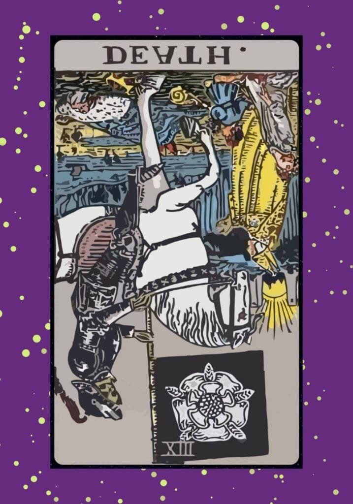 Reversed Death tarot card – symbolizing resistance to transformation, fear of letting go, and repeating patterns.