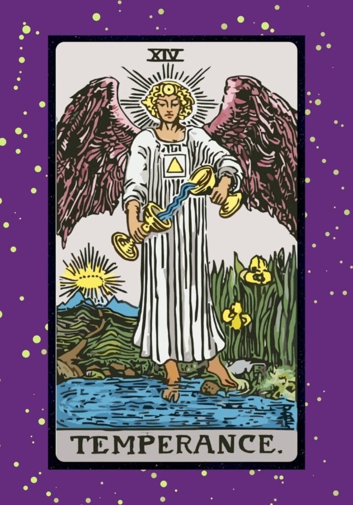 Temperance tarot card upright – a balanced angel blends water between two cups, standing with one foot on land and one in water, symbolizing harmony and integration.