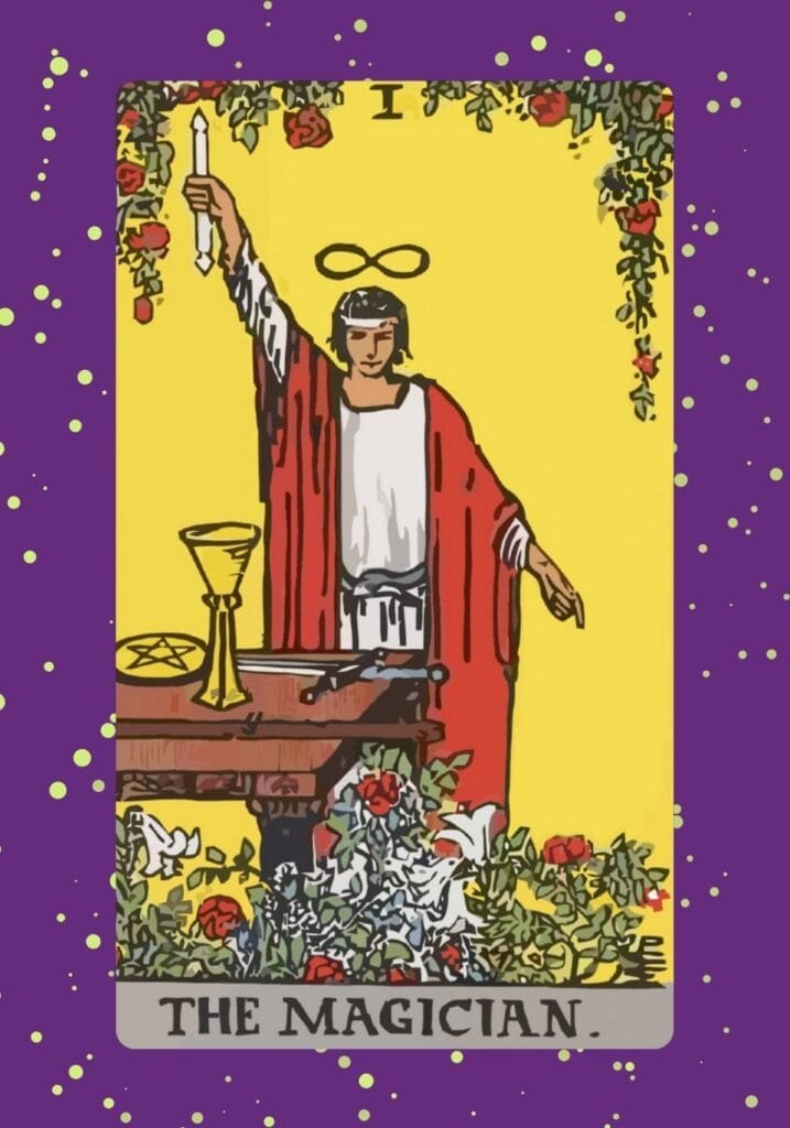 Rider-Waite The Magician tarot card – figure channeling energy with tools of the four suits