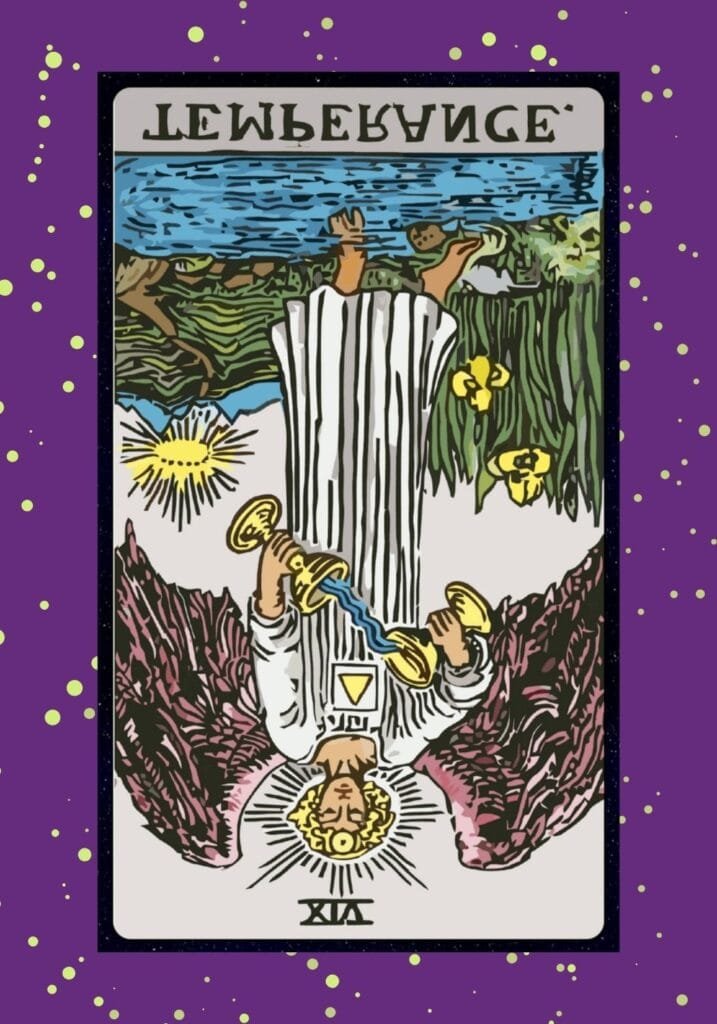 Reversed Temperance tarot card – imbalance, excess, and inner discord disrupt harmony and emotional equilibrium.