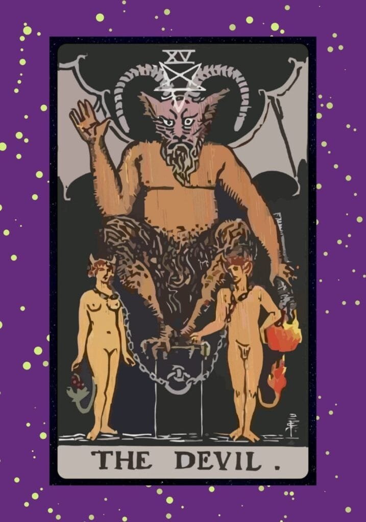 The Devil tarot card upright – a half-goat figure with bat wings looms over two chained humans, symbolizing bondage, temptation, and illusion of control.