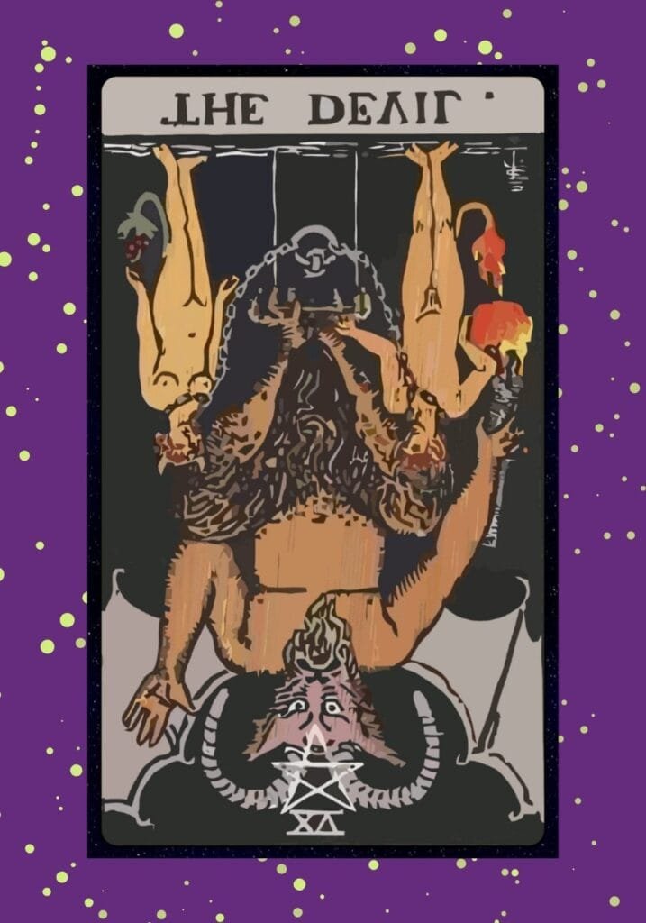 Reversed Devil tarot card – liberation from toxic patterns, breaking free from addiction, reclaiming personal power and spiritual freedom.