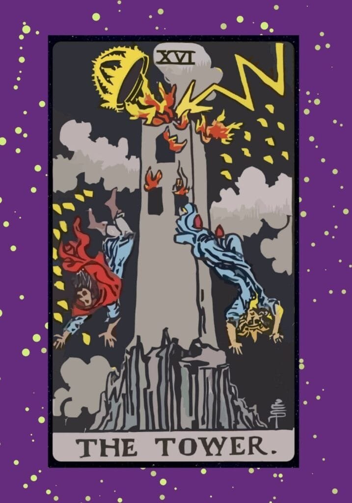 The Tower tarot card upright – a lightning-struck tower crumbles as two figures fall, symbolizing destruction, chaos, and unexpected revelations.