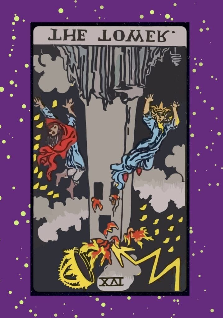 Reversed Tower tarot card – subtle upheaval, resisting change, fear of collapse, and hidden truths waiting to surface.