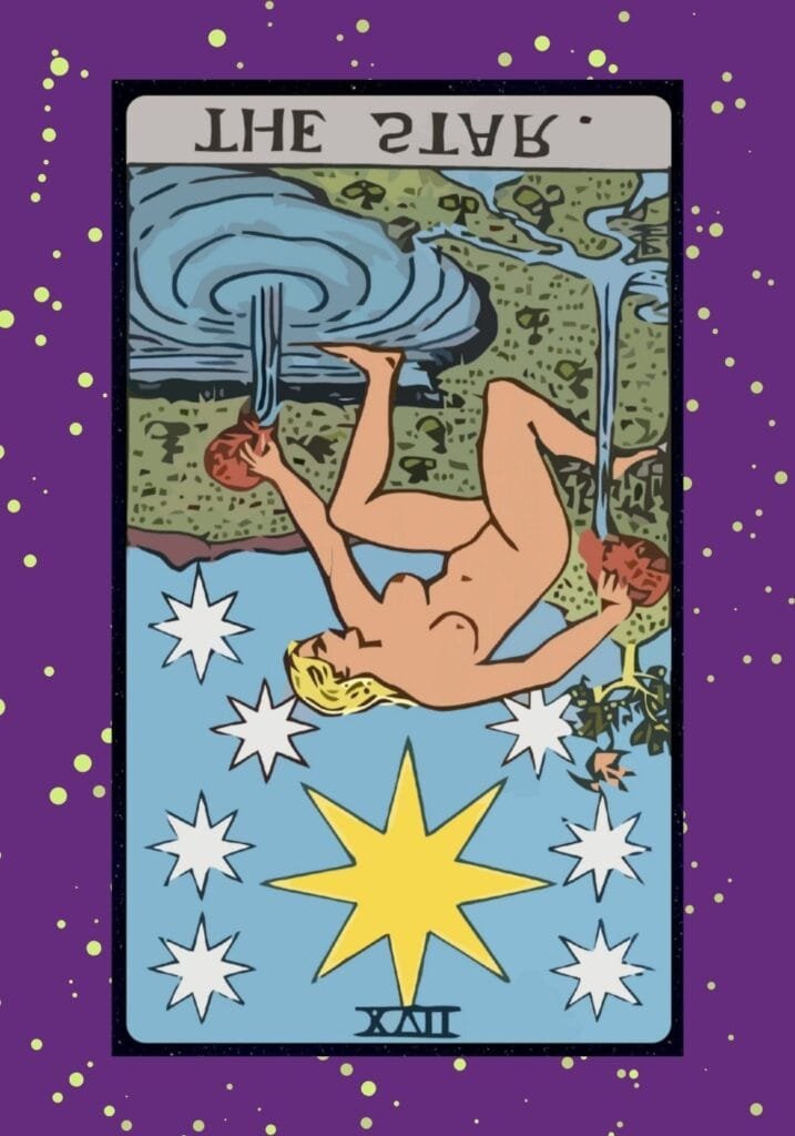 Reversed Star tarot card – dimmed stars and stagnation reflect feelings of hopelessness, blocked creativity, and a need for spiritual realignment.