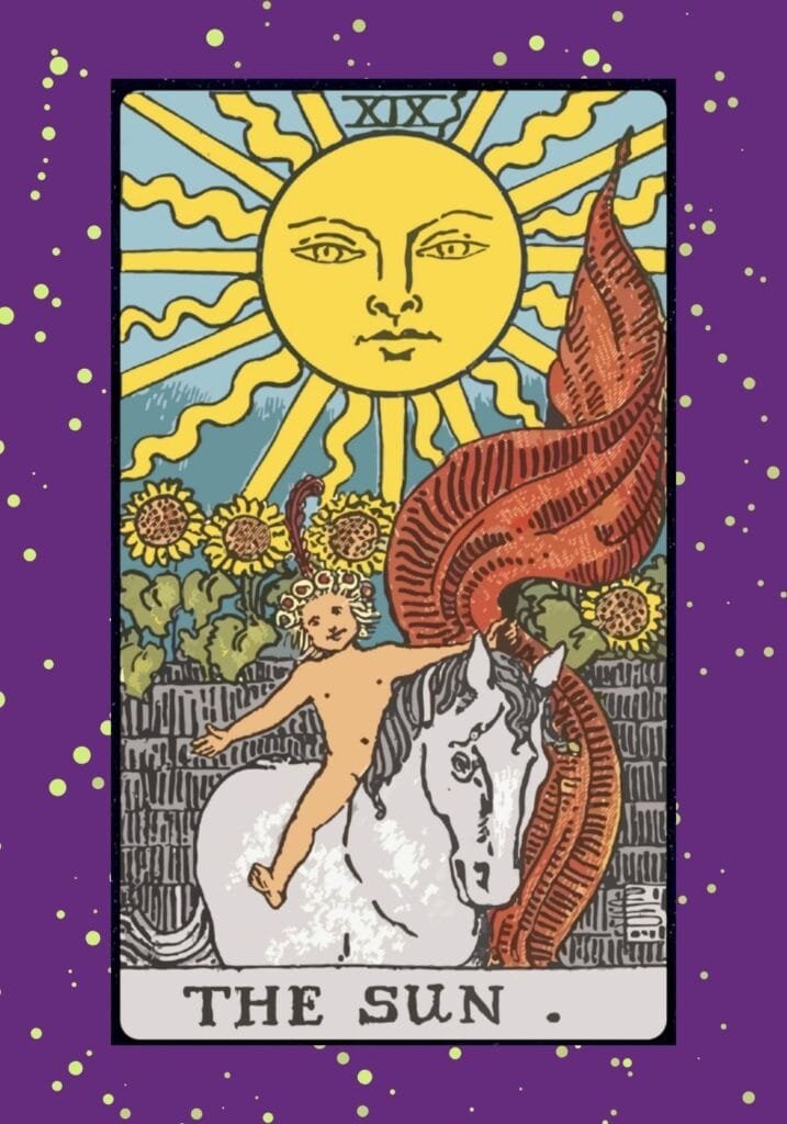 The Sun tarot card upright – a radiant sun shines over a joyful child riding a white horse, symbolizing vitality, joy, innocence, and success.