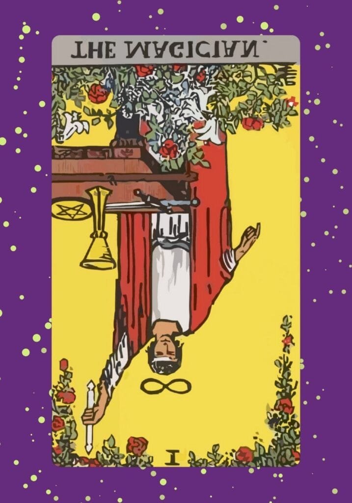 Rider-Waite The Magician tarot card reversed – symbolic of untapped potential or misalignment
