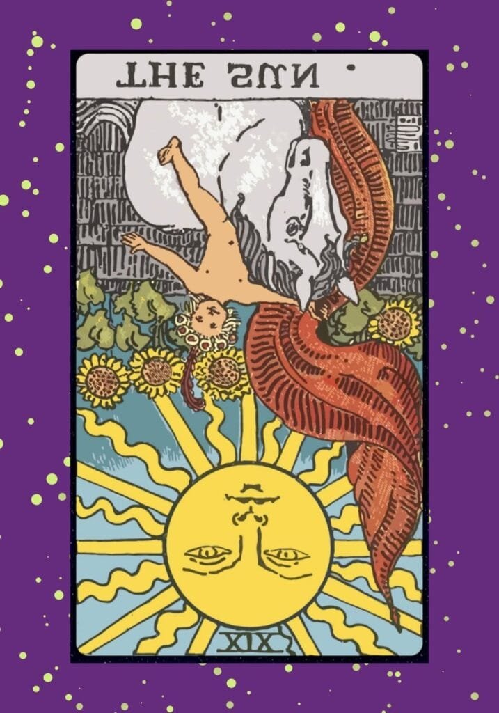 Reversed Sun tarot card – dimmed light and obscured joy, symbolizing delays, low energy, or missed opportunities for celebration and truth.
