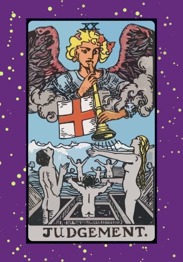 The Judgement tarot card upright – figures rise from coffins as an angel sounds a trumpet, symbolizing awakening, renewal, and transformation