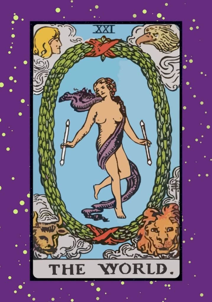 The World tarot card upright – a dancing figure within a green wreath, holding two wands, surrounded by zodiac symbols, symbolizing completion, unity, and success.
