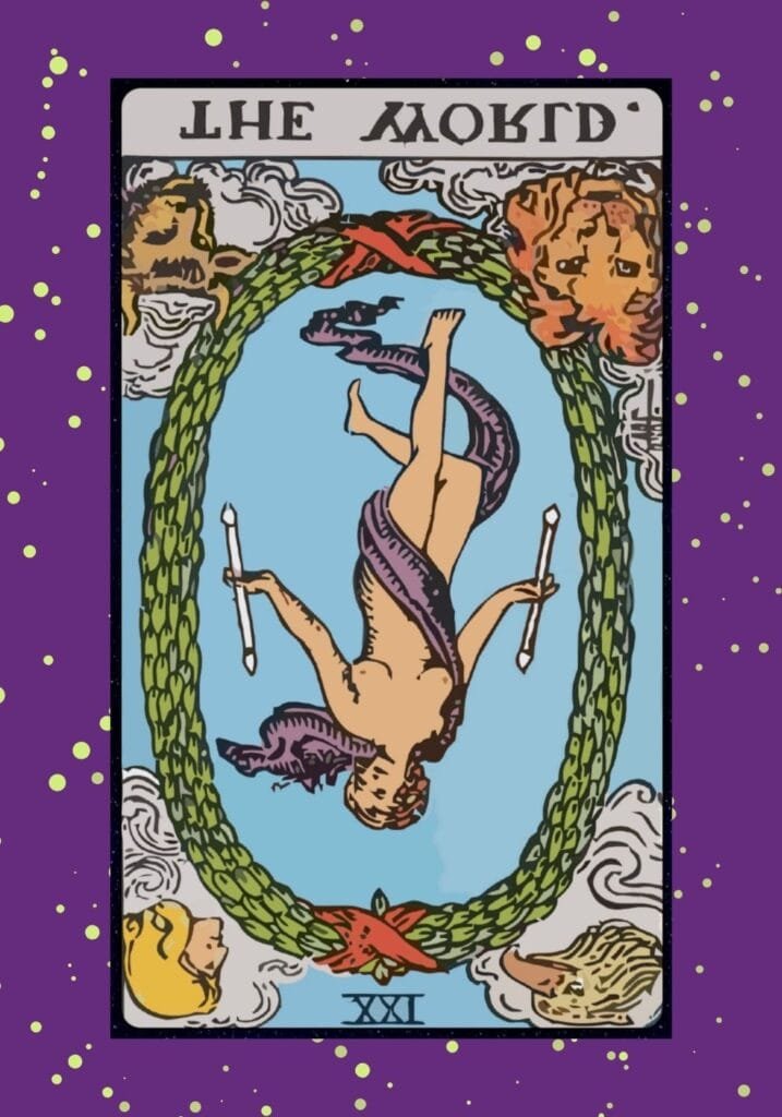 The World tarot card reversed – incomplete cycle imagery with disrupted flow, symbolizing stagnation, delay, and unrealized goals