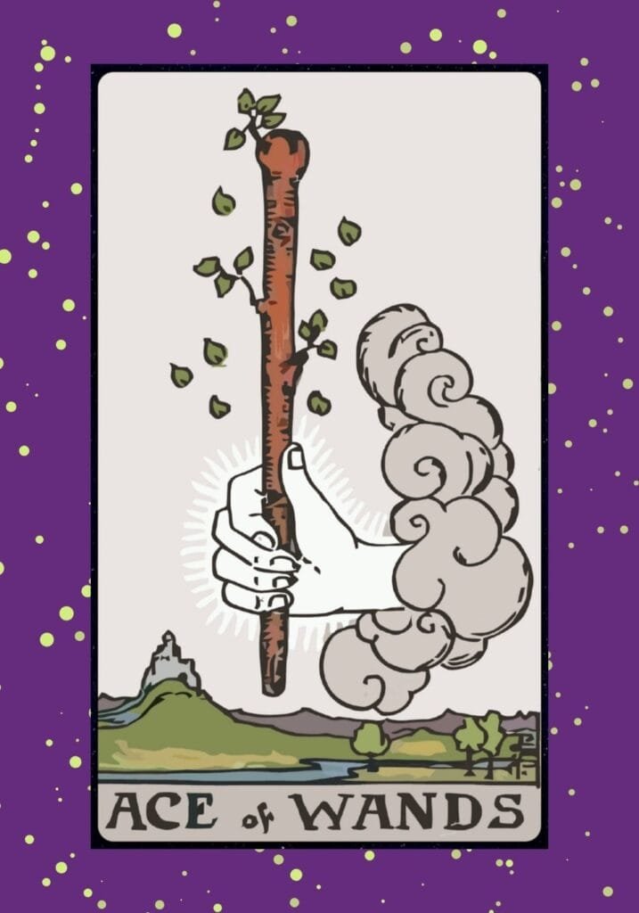 Ace of Wands tarot card upright – a hand emerging from a cloud holding a flowering wand, symbolizing new beginnings, creativity, and bold potential.