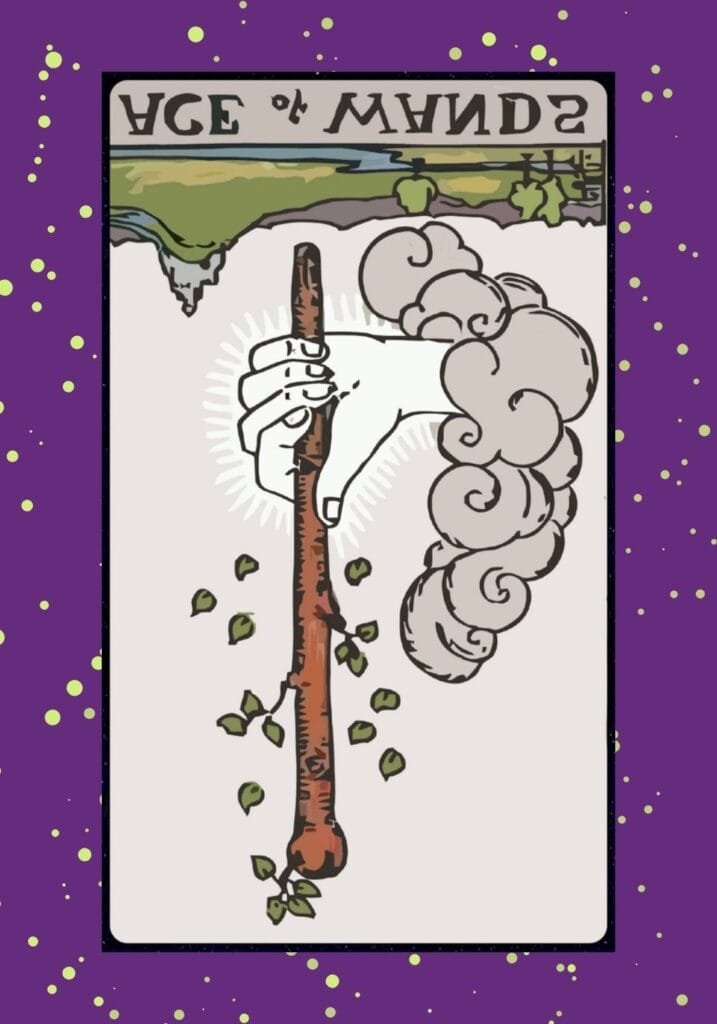 Reversed Ace of Wands tarot card – blocked inspiration and missed opportunities, symbolizing stagnation, creative delay, or lack of motivation.