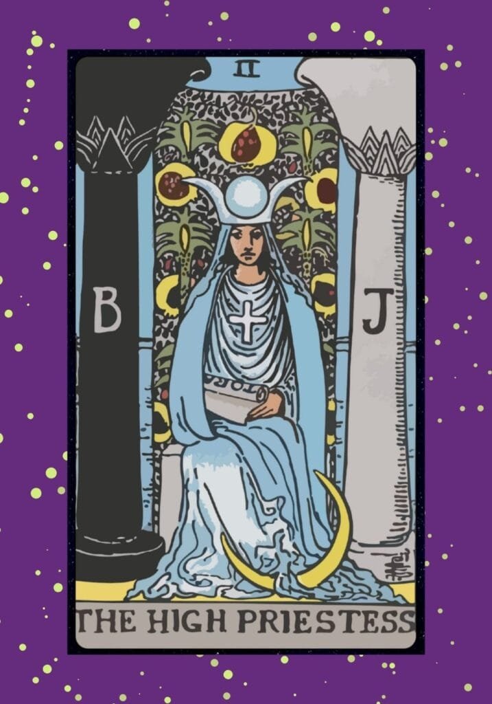 Rider-Waite style High Priestess tarot card upright – seated figure between black and white pillars, with moon and scroll imagery