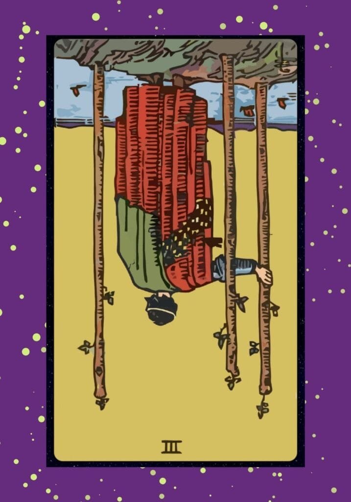 Reversed Three of Wands tarot card – represents delays, self-doubt, lack of growth, and frustration in reaching future goals or traveling.