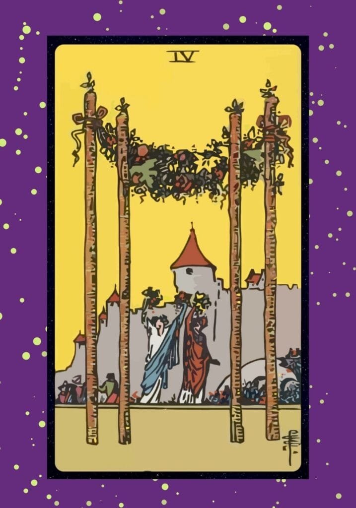 Upright Four of Wands tarot card – a joyful couple under a flower canopy with four wands, symbolizing celebration, homecoming, and shared happiness.