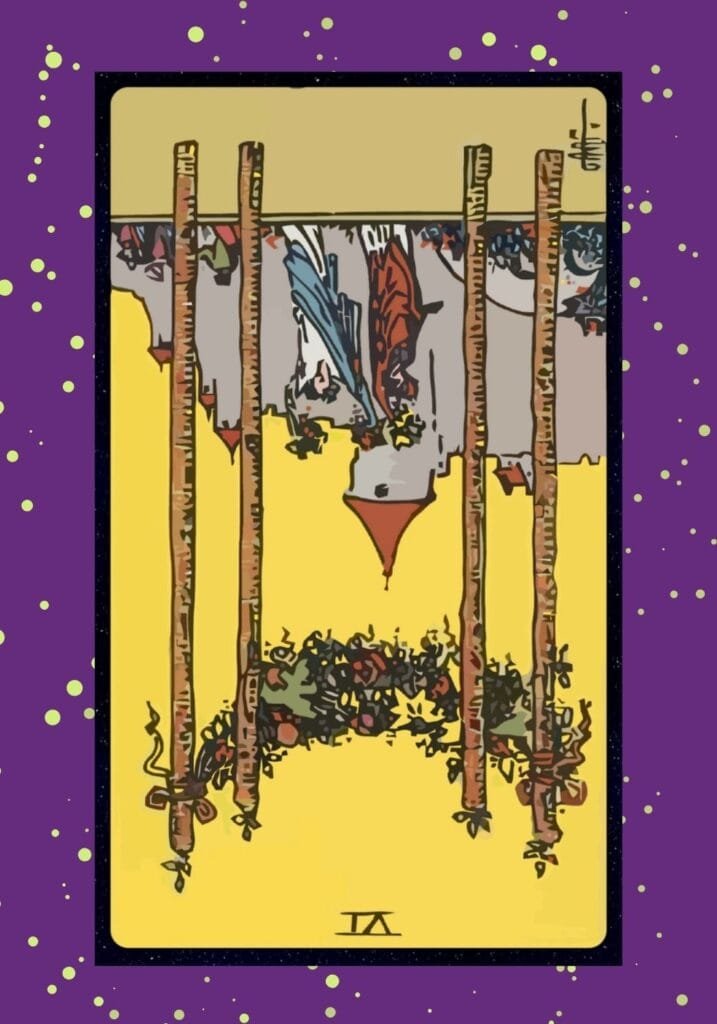 Reversed Four of Wands tarot card – represents canceled events, instability, feeling left out, or disrupted family harmony.