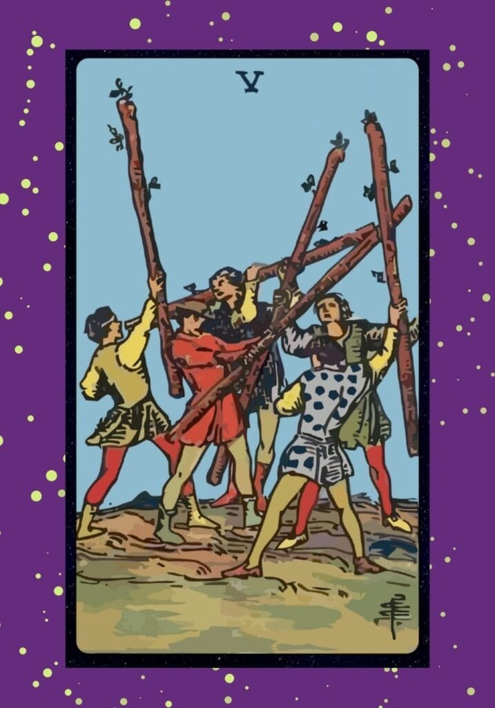 Upright Five of Wands tarot card – five men with wands clashing in energetic motion, symbolizing conflict, competition, and dynamic challenges.