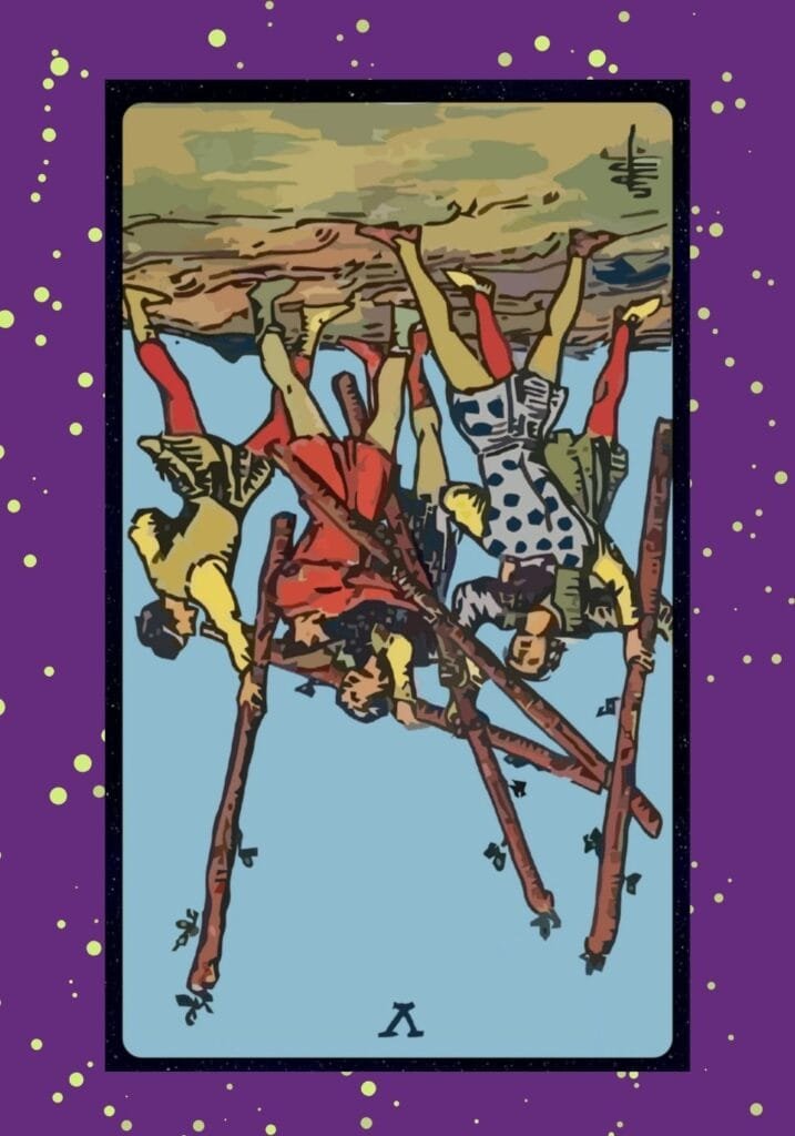 Reversed Five of Wands tarot card – representing peace after struggle, resolution of tension, and a shift from chaos to cooperation