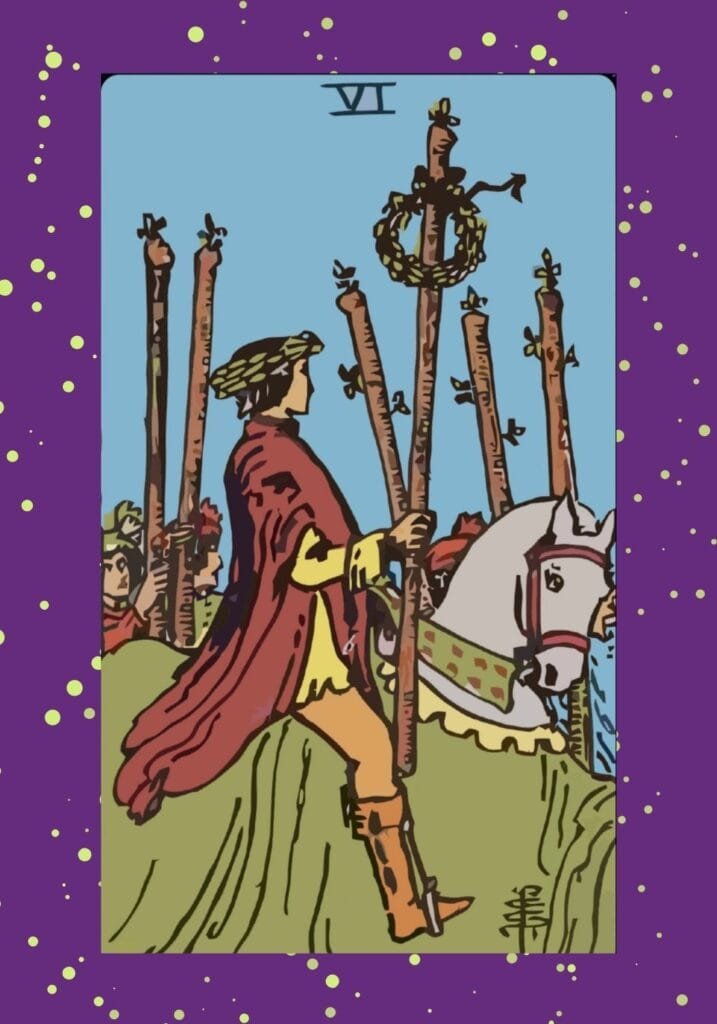 Upright Six of Wands tarot card – victorious rider on a white horse wearing a laurel wreath, surrounded by cheering crowds, symbolizing success and public recognition.