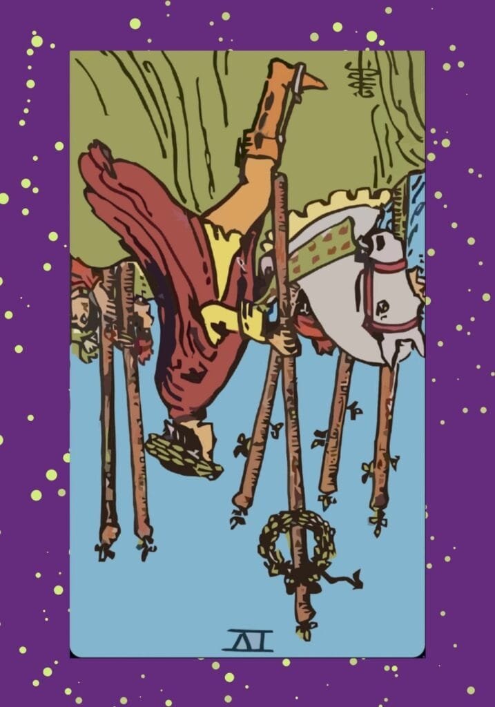 Reversed Six of Wands tarot card – representing ego-driven motives, lack of acknowledgment, and setbacks in recognition or achievement.