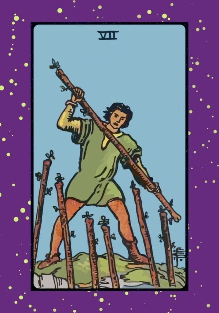 Upright Seven of Wands tarot card – a man defends his high ground with a wand as others challenge him from below, symbolizing resilience, defense, and perseverance.