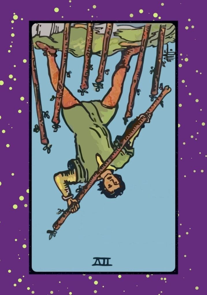 Reversed Seven of Wands tarot card – representing exhaustion, surrender, or a need to compromise amid pressure and conflict.