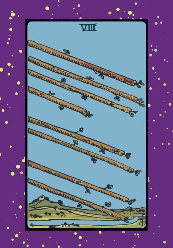 Upright Eight of Wands tarot card – eight wands flying swiftly through a clear sky over a river landscape, symbolizing fast progress, energy, and movement.