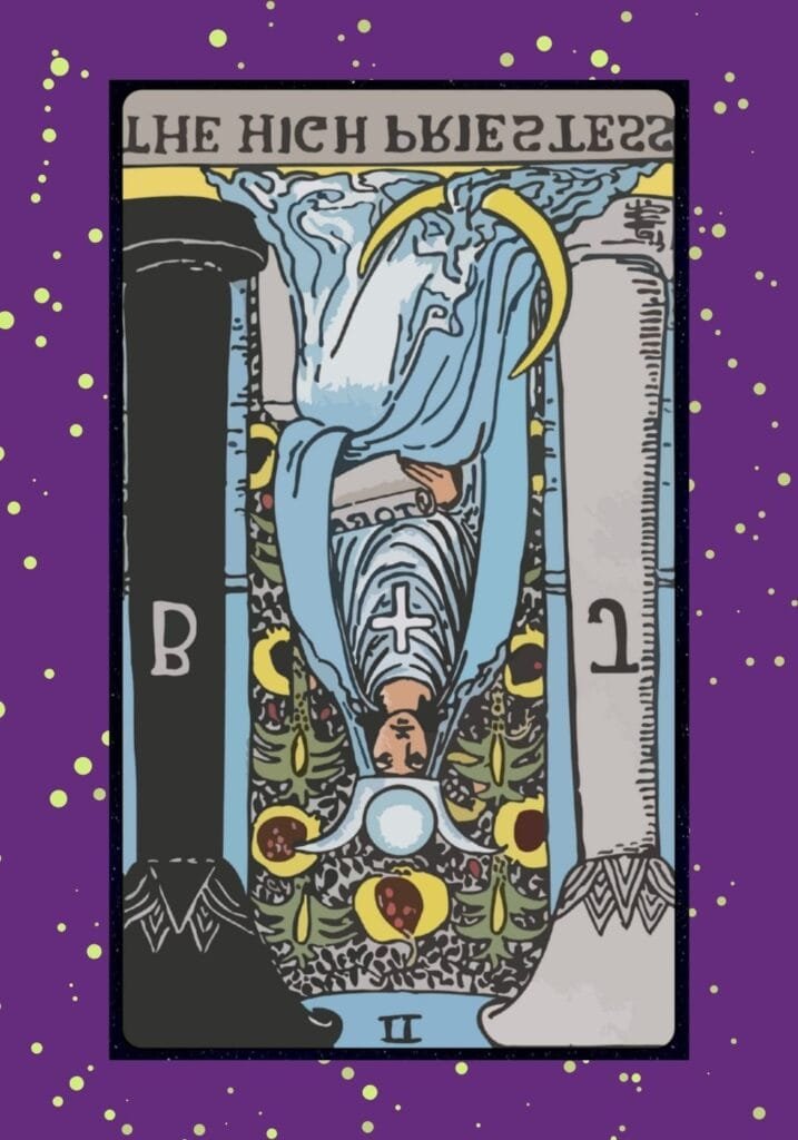 Rider-Waite style High Priestess tarot card reversed – symbolic elements upside down, indicating blocked intuition and spiritual disconnection
