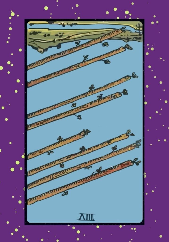 Reversed Eight of Wands tarot card – delays, blocked momentum, and a scattered sense of direction amid a sky that once held clear passage.
