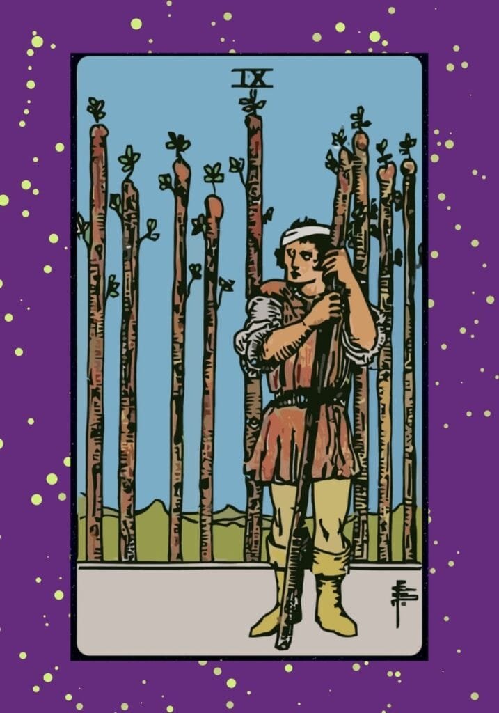 Upright Nine of Wands tarot card – a wounded man stands defensively with a wand, surrounded by eight others, symbolizing perseverance, last stands, and determination amid exhaustion.