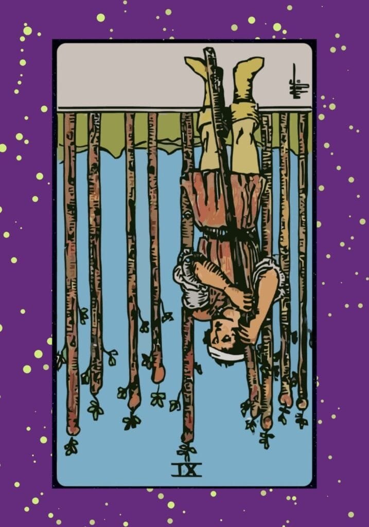 Reversed Nine of Wands tarot card – themes of stubbornness, fatigue, and letting go of past struggles; a cautionary symbol of resistance to change or giving up too soon.