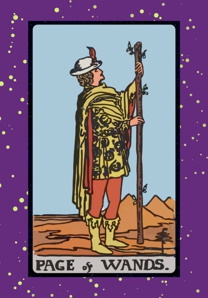 Upright Page of Wands tarot card – a young figure confidently holding a wand in a barren landscape, symbolizing creativity, messages, and new adventures.