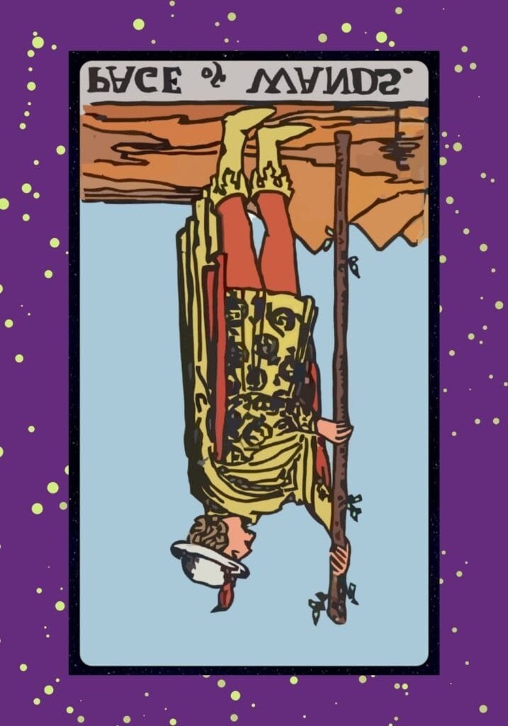 Reversed Page of Wands tarot card – depicting blocked creativity, procrastination, or delays in action and passion.