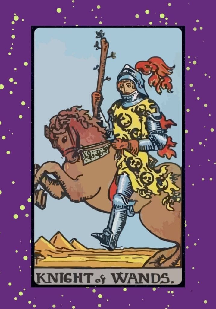 Upright Knight of Wands tarot card – a determined knight riding a fiery horse, symbolizing bold action, ambition, and confident movement forward.