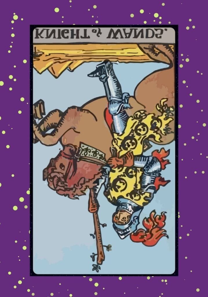Reversed Knight of Wands tarot card – reflecting recklessness, delays, or lack of direction in pursuit of goals.