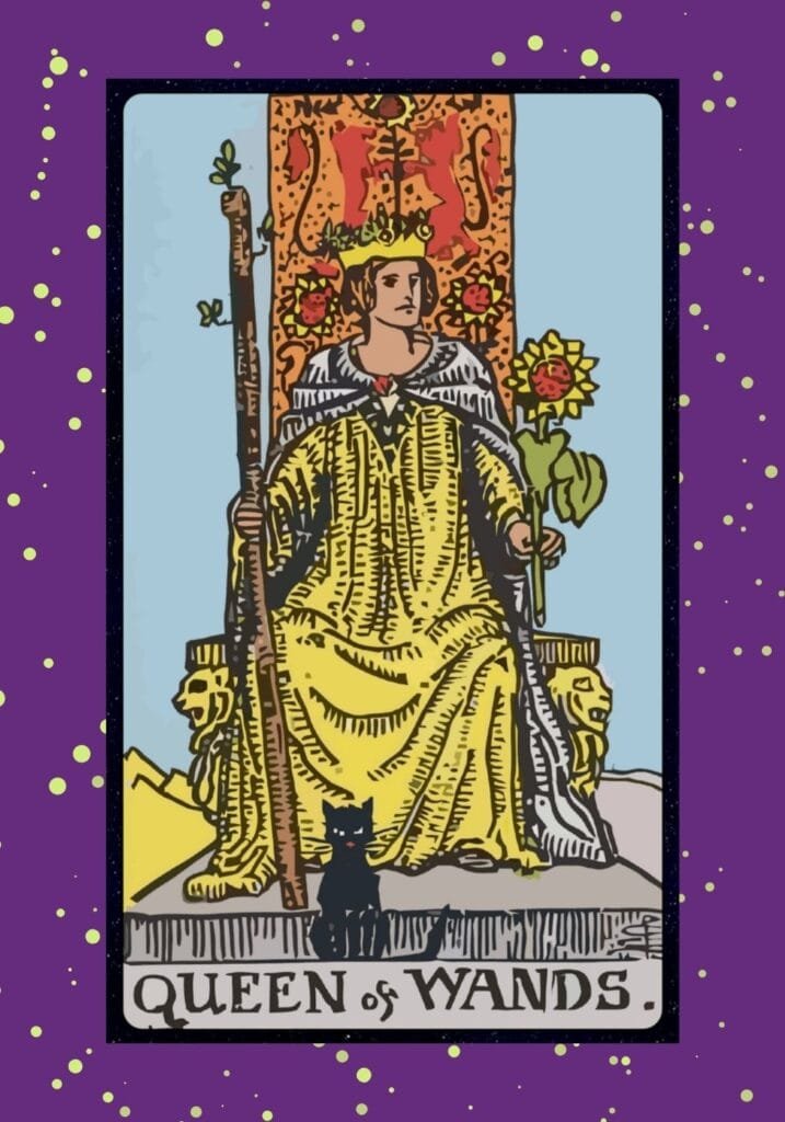 Upright Queen of Wands tarot card – a regal queen holding a sunflower and wand, symbolizing charisma, leadership, and vibrant energy.