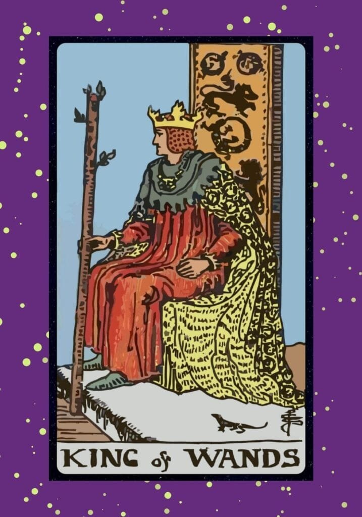 Upright King of Wands tarot card – a charismatic king holding a flowering wand, seated on a throne adorned with lions and salamanders symbolizing fire and leadership.