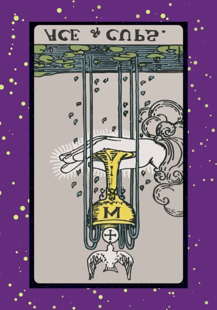 Reversed Ace of Cups tarot card – representing blocked emotions, sadness, and emotional withdrawal, with an overturned cup spilling its contents.